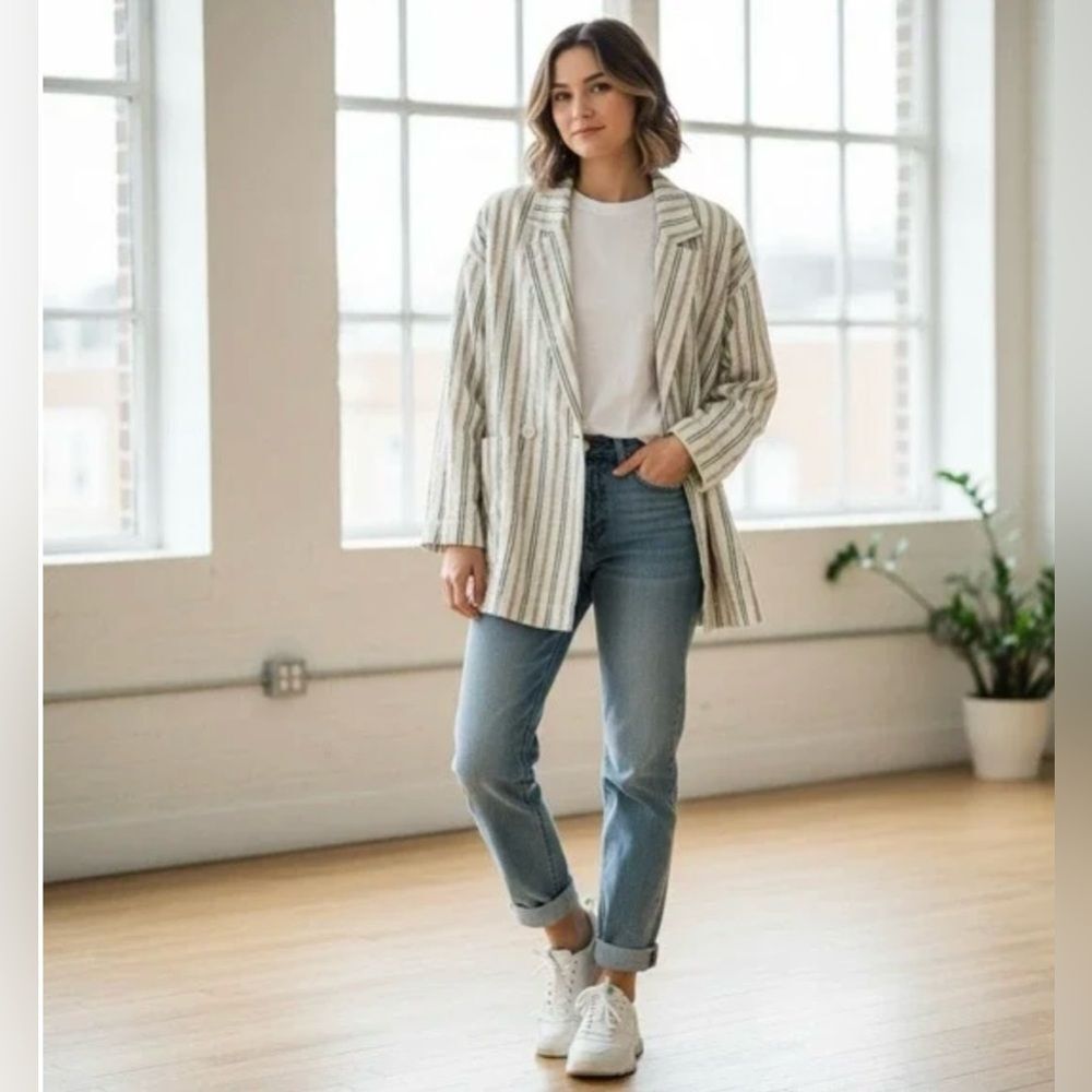 Anthropologie Maeve Cotton Stripe Boyfriend Blazer Jacket XS Oversized
